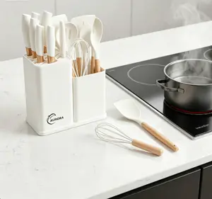 2026 Holiday BBQ Essential Kitchen Knife Set, 19-piece kitchen set including heat-resistant silicone cutlery, 6 sharp knives, 2 cutting boards, rectangular and round kitchen utensils, white wooden cutlery, kitchenware and wooden kitchenware. Block