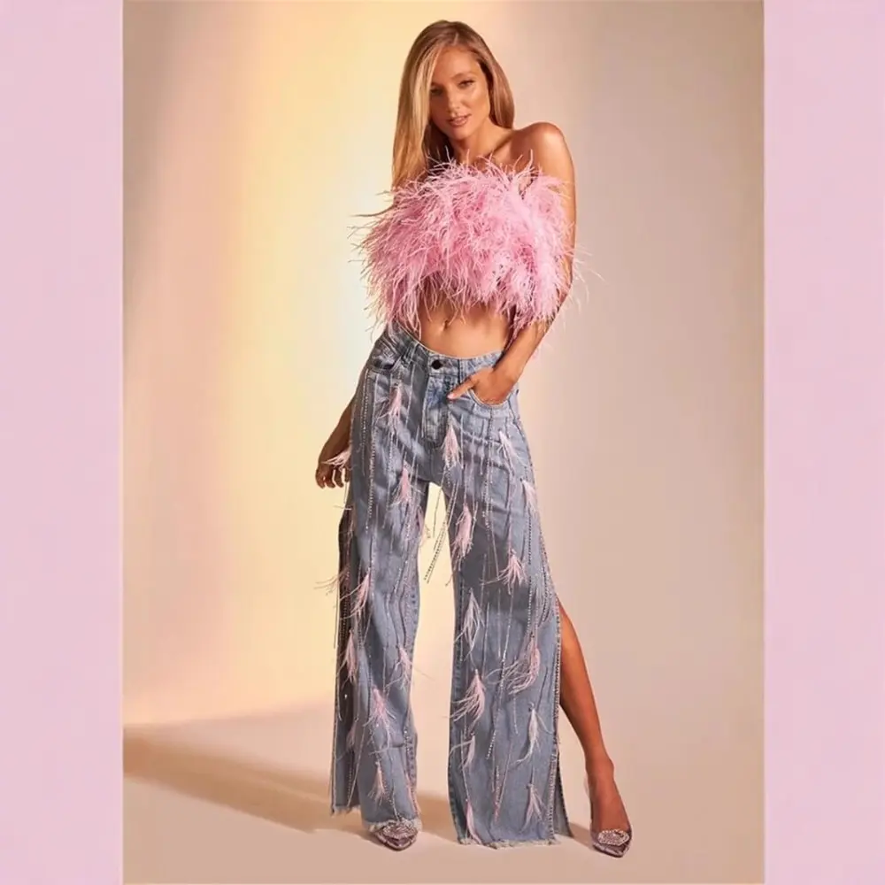 Women's Fashion Button Decorative Tassel Loose Straight Side Split Denim Trousers