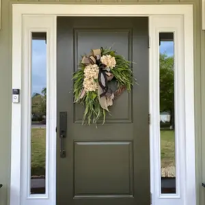 Realistic Rose Bouquet & Pine Needle Wreath, Buffalo Check Burlap Bow Wreath, Country Porch Decor for Front Door, Living Room, Windows