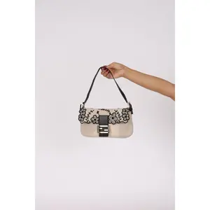 Pre-owned FENDI Designer Handbag/Wallet Baguette Linen Floral Embroidered Drop 4