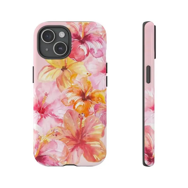 Tropical Floral Phone Case with Pink & Orange Hibiscus - Durable Vibrant Aesthetic Protective Shell, Gift for Her, Phone Casing Accessories for iPhone 11/12/13/14/15/16/17 Pro, ProMax, Plus, Air