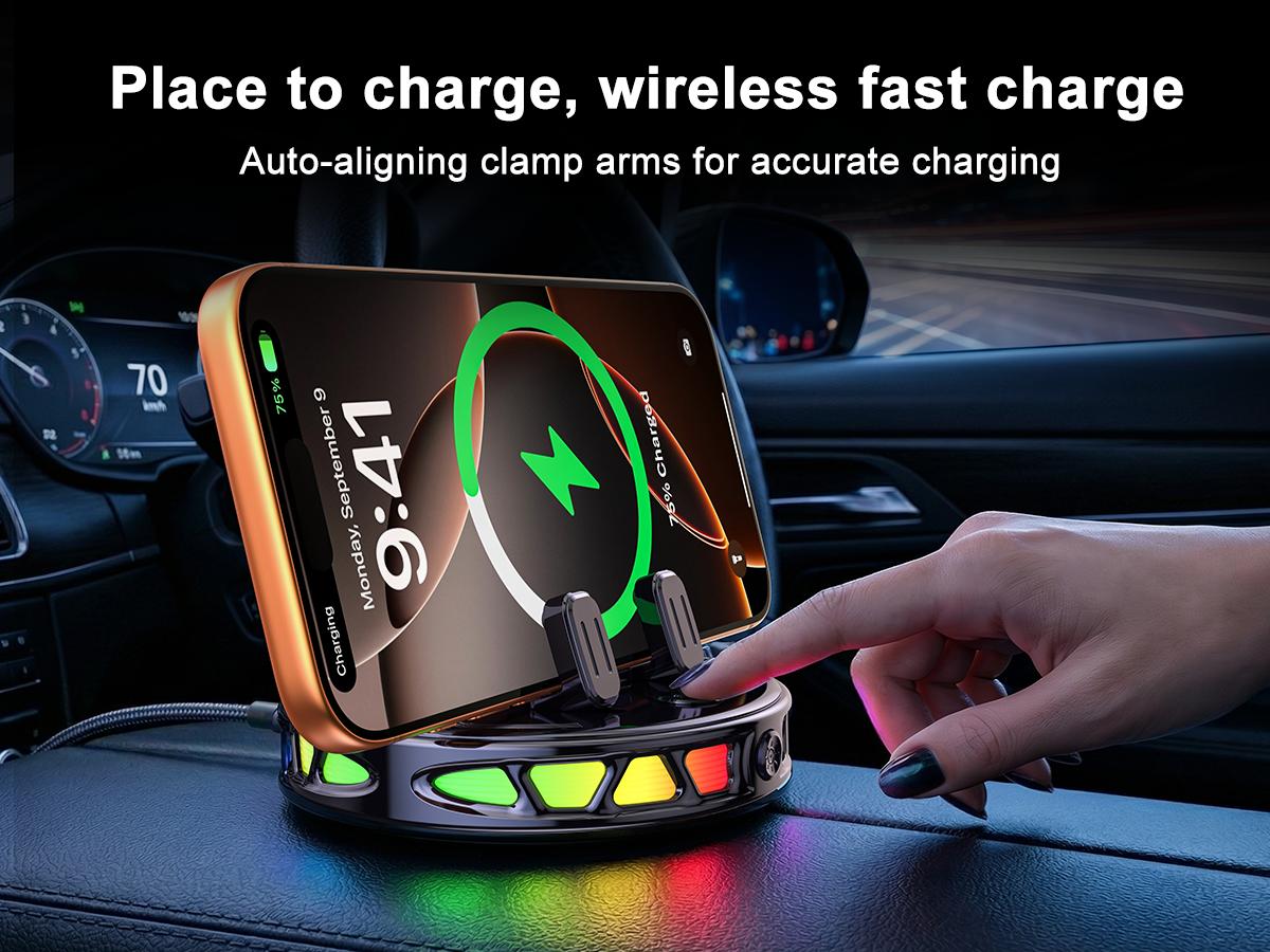 15W 360° Rotating Wireless Car Charger Phone Mount with Ambient RGB Light, Adjustable Suction Cup Holder for Dashboard & Windshield