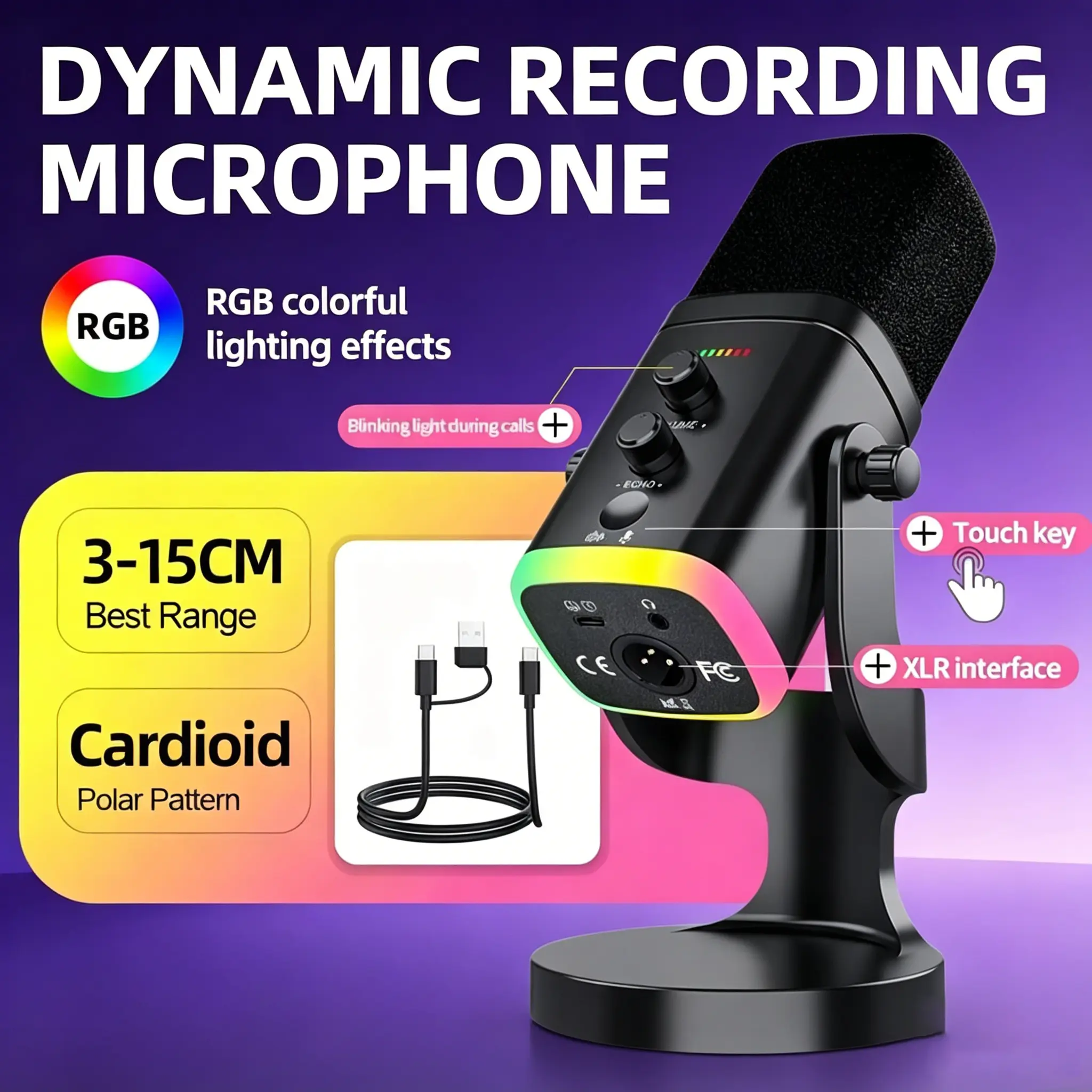 XLR/USB Gaming Microphone for Podcast Recording, Dynamic RGB Mic with Quick Mute, headphone jack, Gain Knob, Volume Control, Desktop Mic for PC Gamer, XLR mic for audio interface mixer, for USB-C Smartphone,father'sdaygifts