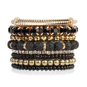 Stretch Beaded Stackable Bracelets - Layering Bead Strand Statement Wrap Stretch Bracelets with Fimo, CCB Beads, 7 Inches, Glass Stone Material