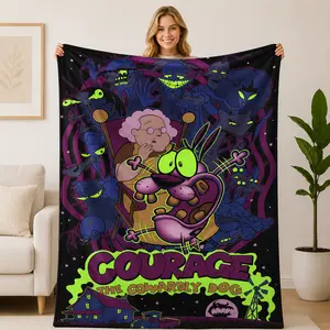 Courage the Cowardy Dog Character Art Flannel Blanket - Lightweight, All-Season Soft, Purple-Neon Green Horror-Themed Room Decor, Couch/Bed Gift for Fans