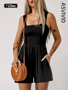 Women's Plain Pocket Shirred Tank Romper, Fashion Casual Square Neck Sleeveless Romper for Daily Outdoor Wear, Summer Outfits 2024, Ladies Clothes for Summer