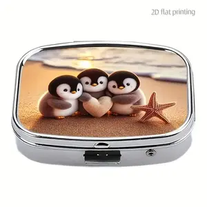 Heart Penguin Pattern 2 Compartment Drug Pill Organizer Box, Portable Home Medicine Storage Wallet Purse Travel Unique Gift