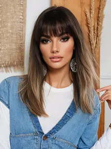 14 Inch Ombre Brown Short Straight Wigs for Women, Gorgeous Fluffy Middle Part Wigs with Curtain Bangs, Synthetic Full Machine Wigs for Party, Daily Use