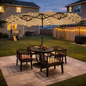 【Solar Led Lights】Yaheetech 13/15ft Large Patio Umbrella, Outdoor Double-Sided Rectangle Umbrella with 36 LED Lights & Crank for Patio Garden Pool Lawn Backyard, Base Included