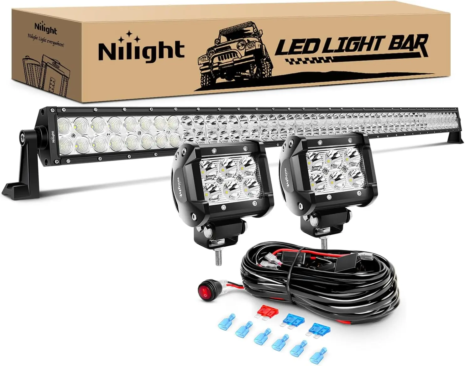 Nilight 52Inch High Output Power Spot-Flood Combo LED Light Bar, 2PCS 4Inch 18W Spot LED Fog Lights with Off-Road Wiring Harness, Led Lights Car, Work Light