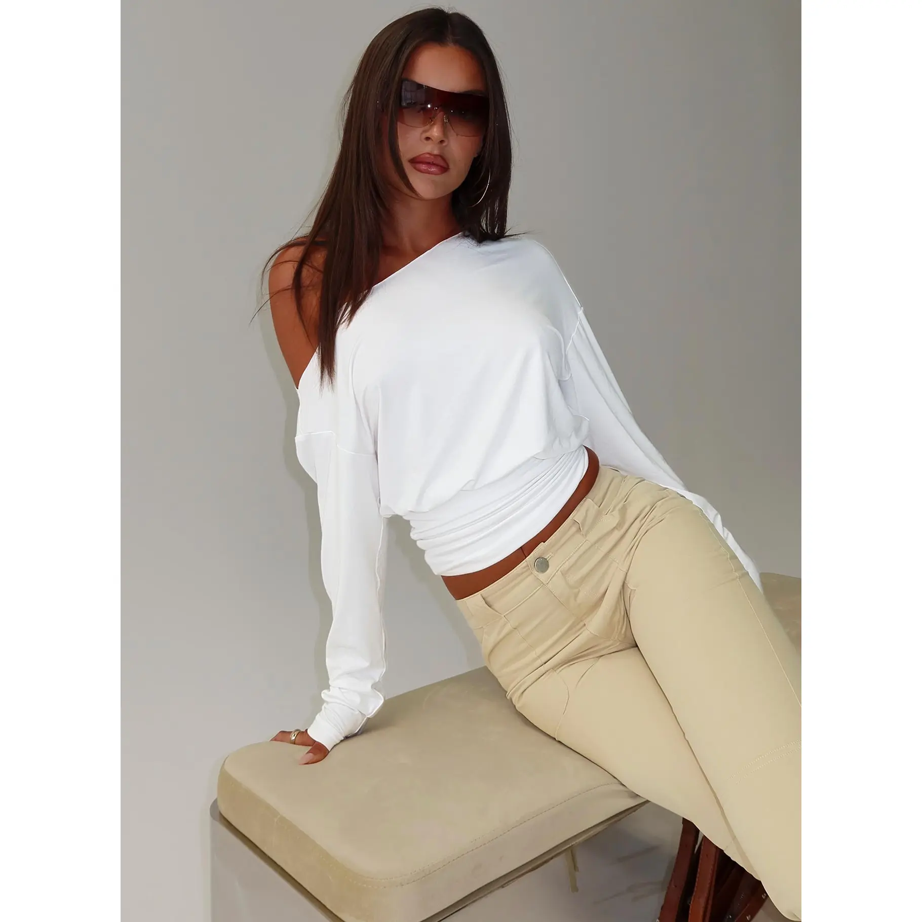 Ashlinn Off Shoulder Long Sleeve Drapey Top White