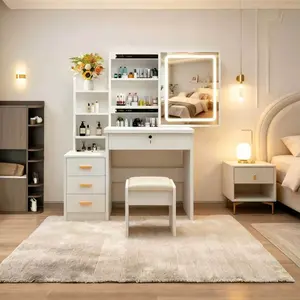 Modern White Vanity Desk with Mirror & LED Lights 3 Modes European Style Dressing Table 4 Drawers Shelf Makeup Dresser for Bedroom Girls Women Glass Top  Mother'sDay Gift