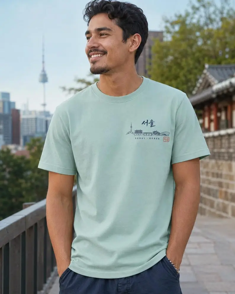 Seoul Travel Graphic Tee, Hangul Skyline T-Shirt, Korea Lover Gift