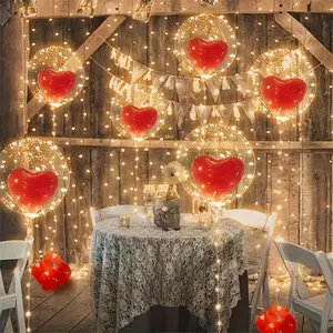 Large LED Glowing Bobo Heart Balloons 5pcs with 3M Yellow LED String Lights & 20pcs of Red Hearts Decorations Supplies Perfect for Various Parties Plastic