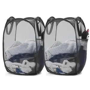 LMMAKE Mesh Pop Up Laundry Hamper with Durable Handles Portable Collapsible Clothes Basket for Dorm Bathroom Travel Side Pocket Breathable Design Compact Storage Solution