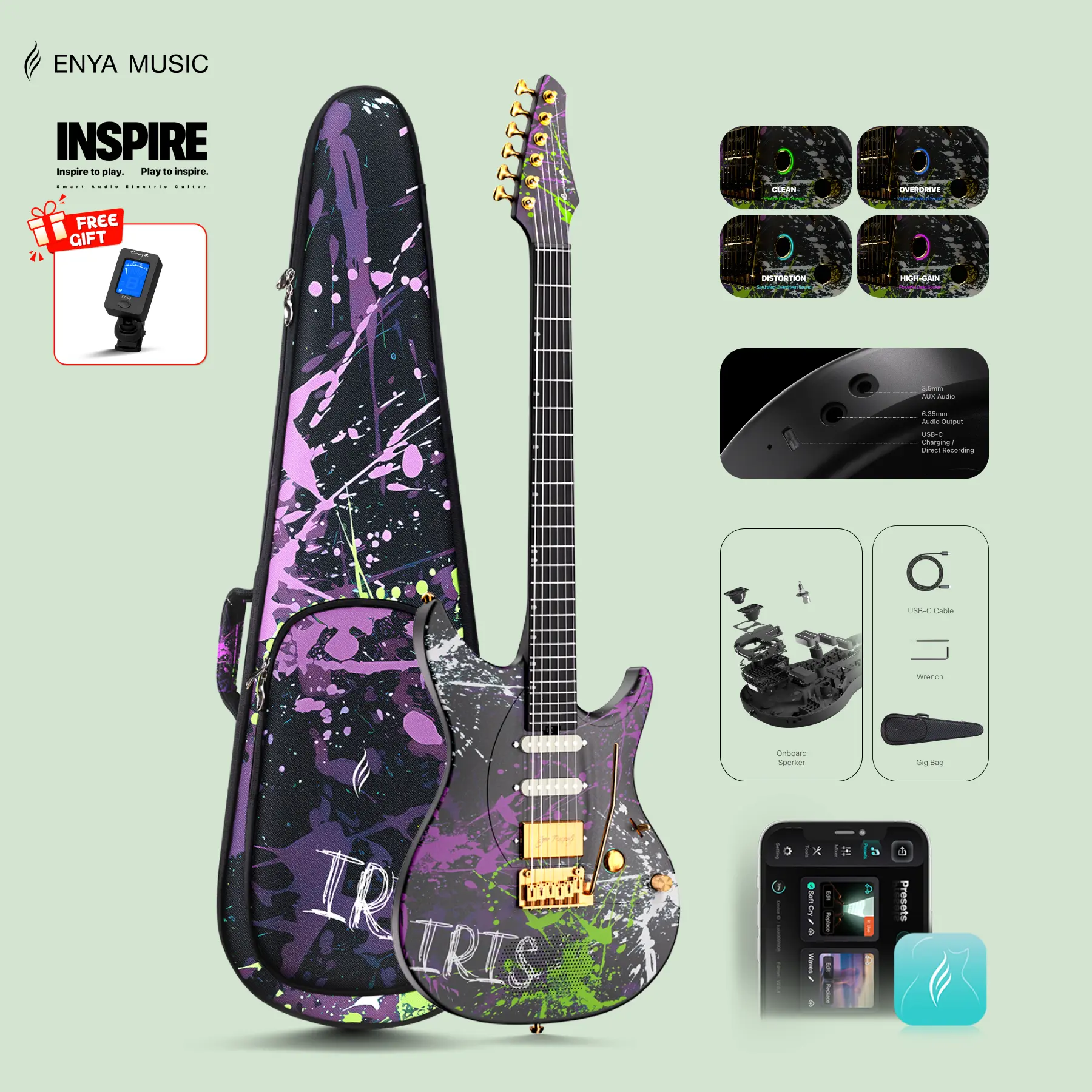 【Music, Evolved.】Enya Inspire Electric Guitar 39 Inch Full Size Smart Electric Carbon Fiber Guitarra with 15W Wireless Speaker, 20 Distinct Tones, Onboard Presets, Gig Bag, Charging Cable, Adjusting Wrench  Christmas Gift, TikTokShopHolidayHaul