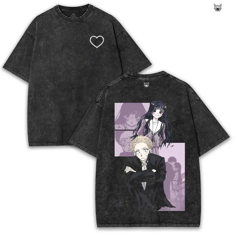 Rintaro & Waguri Vintage Double Printed Oversize Washed Tee | Anime Inspired Heavyweight Cotton Streetwear Graphic T-Shirt for Men Women Fans