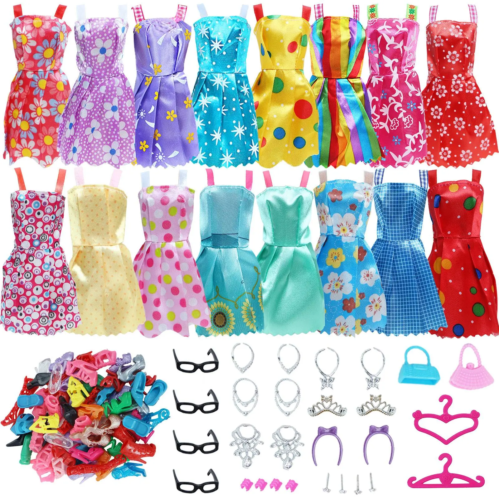 42 Pcs & Accessories Set Includes Mini Dresses, Shoes, Glasses, Necklace, Handbag, Hanger for 11.5 Inch Girl Dolls Doll Outfit Clothing Set Dolls Clothes Accessories