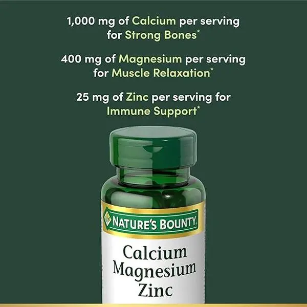 Nature's Bounty Calcium Magnesium & Zinc Coated Caplets - Adult Mineral Trio Dietary Supplement, 1000mg Calcium, 400mg Magnesium, 600 IU Vitamin D, Bone & Muscle Support, Gluten-Free, Sugar-Free, No Artificial Flavors, 100 Count, Adults
