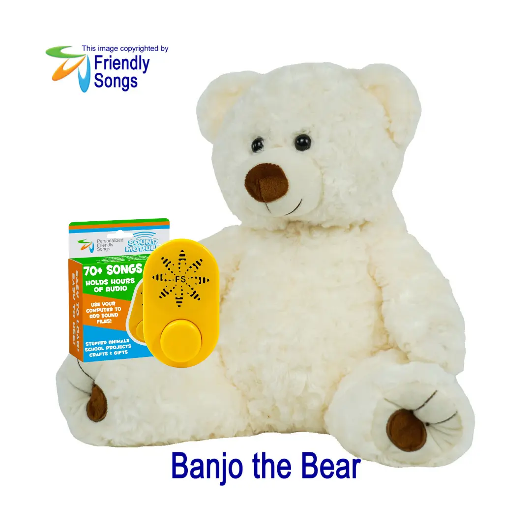Personalized Friendly Songs 2-hour audio sound module combined with a loveable plush 16-inch tall stuffed bear called Banjo the Bear