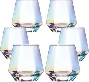 Stemless Wine Glasses Set of 6, Iridescent Glassware 10 oz Diamond Shaped Drinking Glasses, Modern Rainbow Wine Glass for Serving White Wine, Red Wine, Cocktail, Whiskey, Bourbon, Cool Water