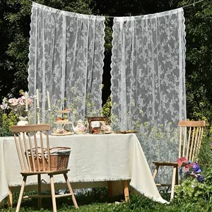 2pc exquisite and elegant solid-color curtains, with wave-shaped lace trim. Garden-style curtains. Embroidered semi-transparent window fabric.