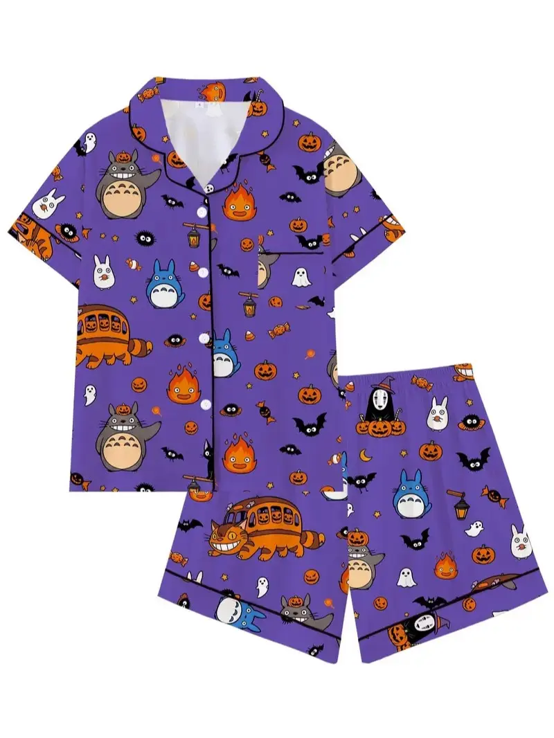 Halloween Kawaii Anime Halloween Party Pajama Set | Cute Forest Spirit & Pumpkin Print Sleepwear | Soft Loose Knit Short Sleeve Button Down Lounge Outfit | Fun Summeroween 2-Piece PJs | Nightwear | Loungewear Homewear, All Seasons Loungewear