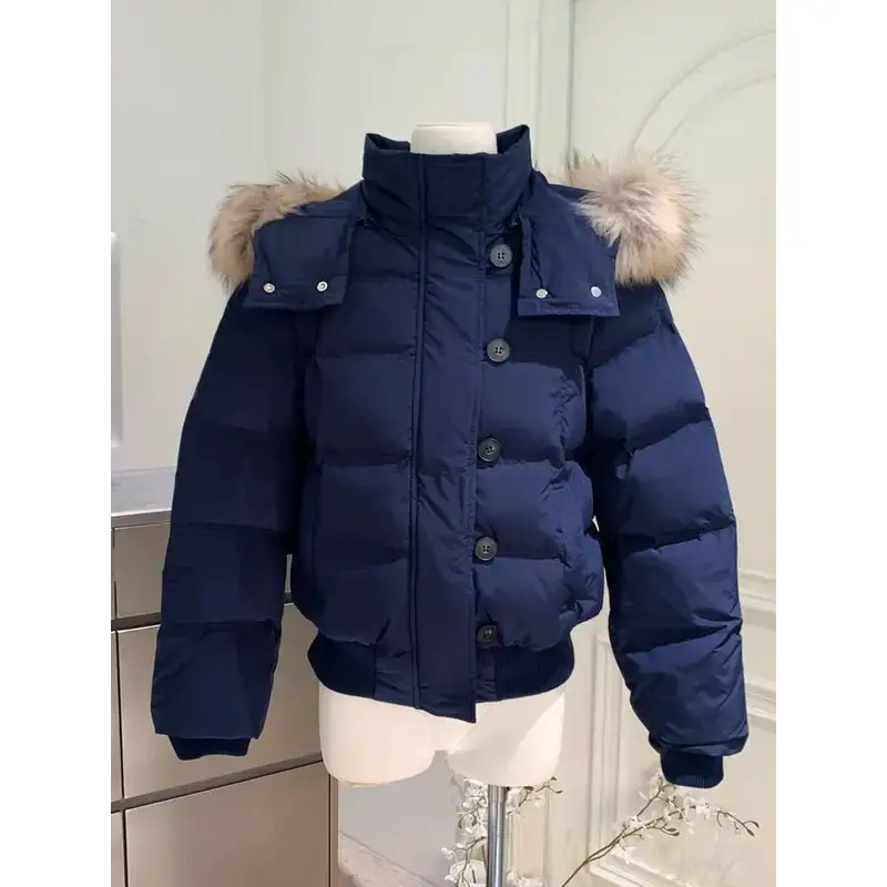 Autumn Winter Fur Hooded Jacket Women Outerwear Thick Dowon Cotton Padded Slim Short Parkas Female Cropped Puffer Bubble Coat