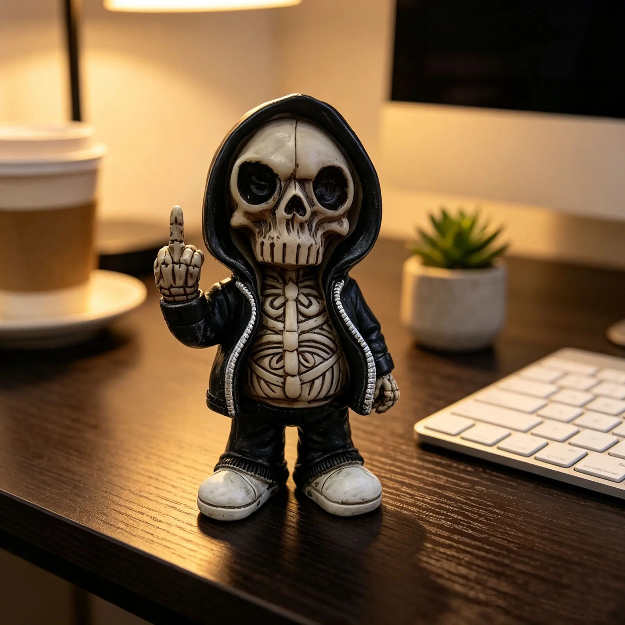 Middle finger skull figurine, Halloween decoration, home and car ornament, resin craft, small gift.