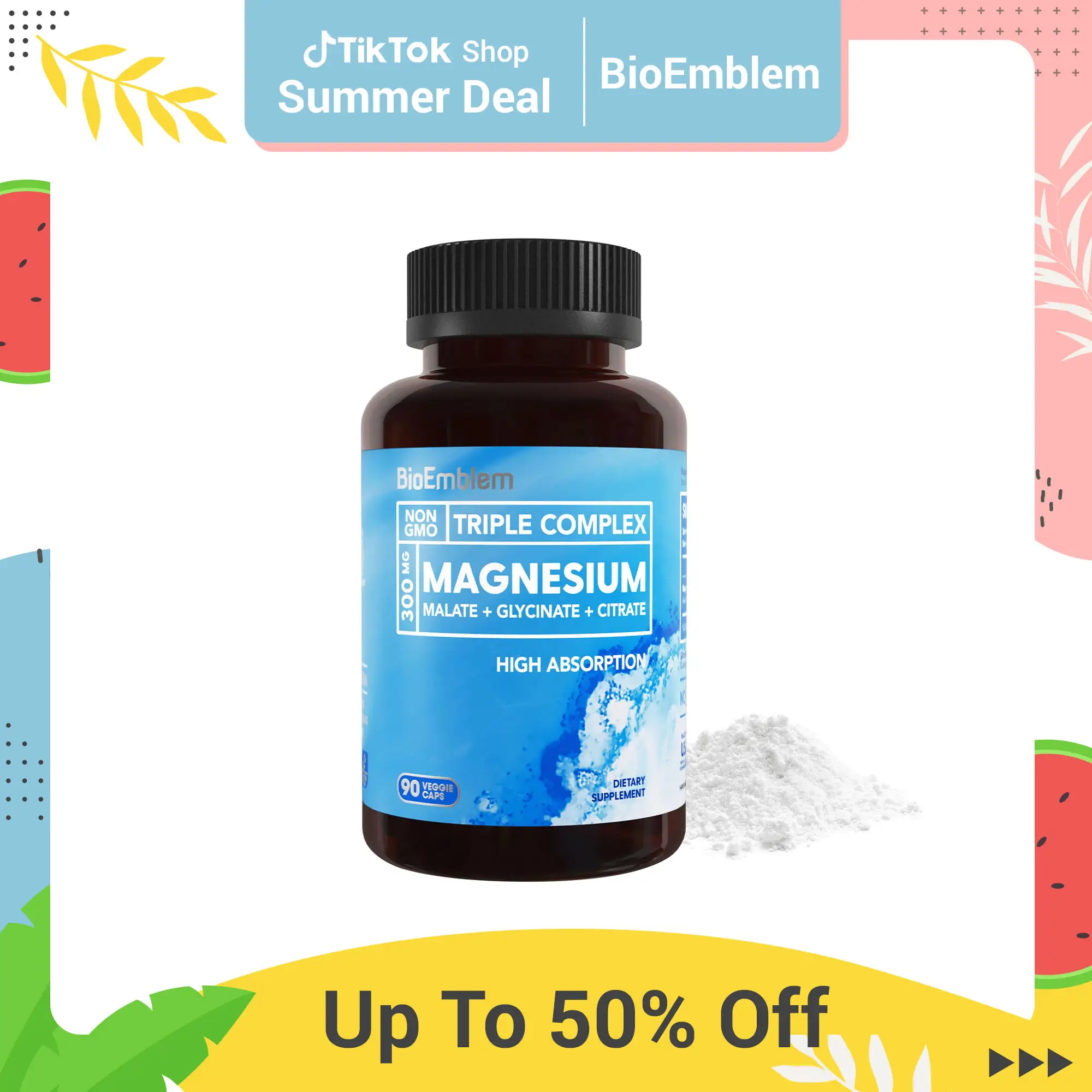 BioEmblem Triple Magnesium Complex - 300mg of Magnesium Glycinate, Malate, & Citrate for Muscles, Nerves & Energy, Vegan, Non-GMO, 90 Caps Supplement