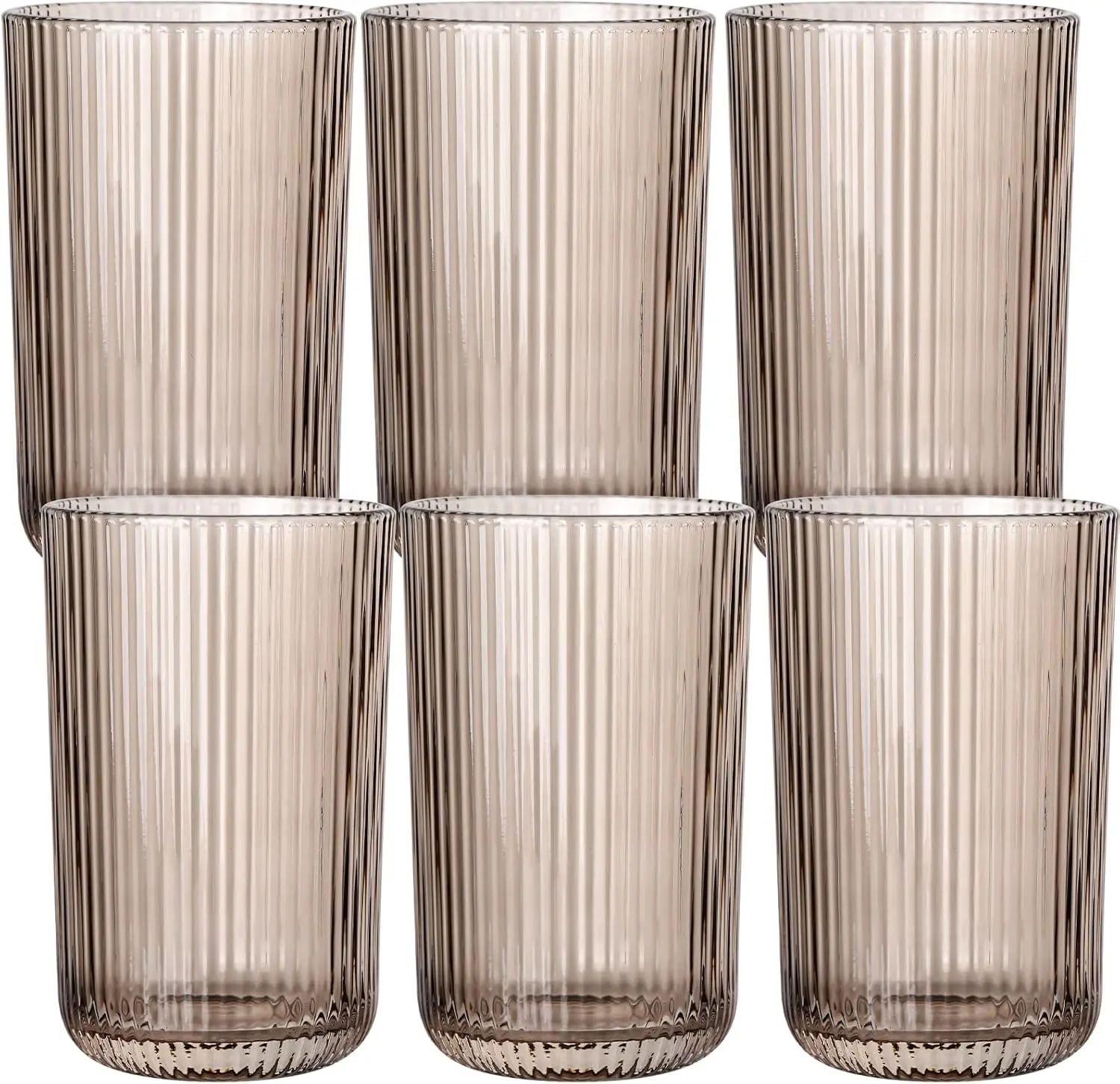 Sturdy Lead-Free Glass Highball Glass Set of 6 - 13.2oz Classic Stylish Smokey Gray Vertical Ribbed Thick Cups for Home, Bar Use