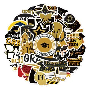 52pcs Graduation Black & Gold Stickers Pack, Waterproof Graduation Celebration Grad Cap & Congrats Quote Decals for Laptop, Water Bottle, Journal & Scrapbook, Graduate Gift