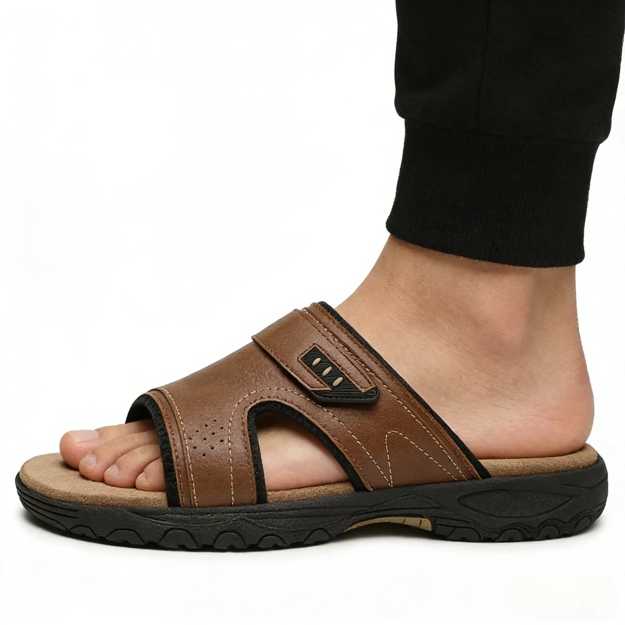 Men\'s Brown Leather Slide Sandals with Adjustable Straps SHOESLOCKER Men main image 2