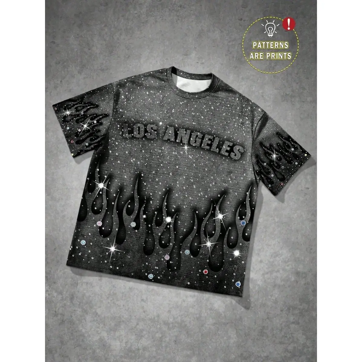 Manfinity Streetrush Men's Casual Loose Fit Round Neck Short Sleeve T-Shirt, Daily Wear For Summer Glitter Tshirt Rhinestone Shirt Flame Tshirt Los Angeles T Shirt
