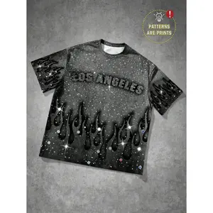 Manfinity Streetrush Men's Casual Loose Fit Round Neck Short Sleeve T-Shirt, Daily Wear For Summer Glitter Tshirt Rhinestone Shirt Flame Tshirt Los Angeles T Shirt