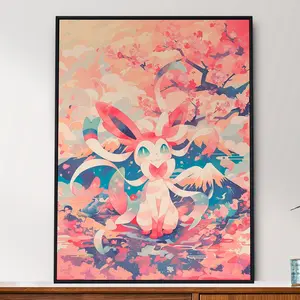 Sylveon Poké, Japanese Tapestry Style Anime Poster, Pink Mount Fuji, Printable Wall Art