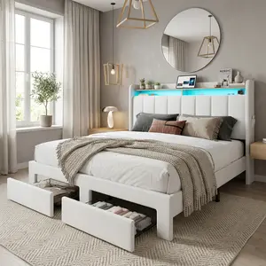 - Full/Queen/King Size LED Storage Bed Frame White, 2-Tier Upholstered Headboard, 2 Storage Drawers, USB & Type-C Charging Ports, Noise-Free, Easy to Use