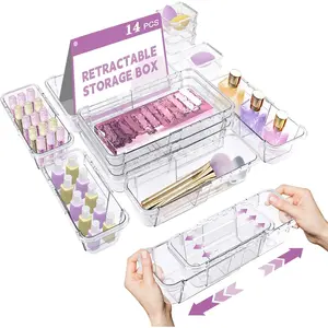 14 Pcs Clear Drawer Organizer, Adjustable 3-Size Acrylic Storage Bins for Makeup, Cosmetic, Kitchen Utensils, Bedroom Dressers, Gadget and Tool Organizer