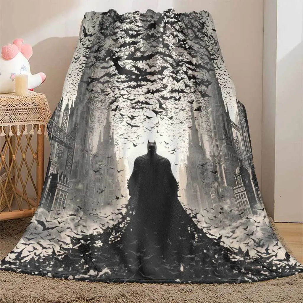 Gothic Hero Flannel Throw Blanket - Bat Print, Breathable Soft, Durable, Wrinkle Resistant, Lightweight, Dark City Silhouette Graphic, Multi-Size, Gothic Aesthetic Bedroom Decor, Anniversary Gift