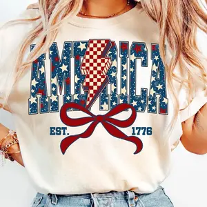 Comfort Colors 1776 America T Shirt, Coquette Bow USA Flag Design for 4th Of July Tee