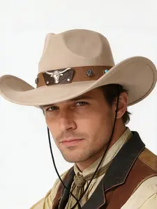 Vintage Western Style Cowboy Hat with Bull Head Decoration, Men's Fitted Wool Blend Fedora, Casual All Seasons Cap