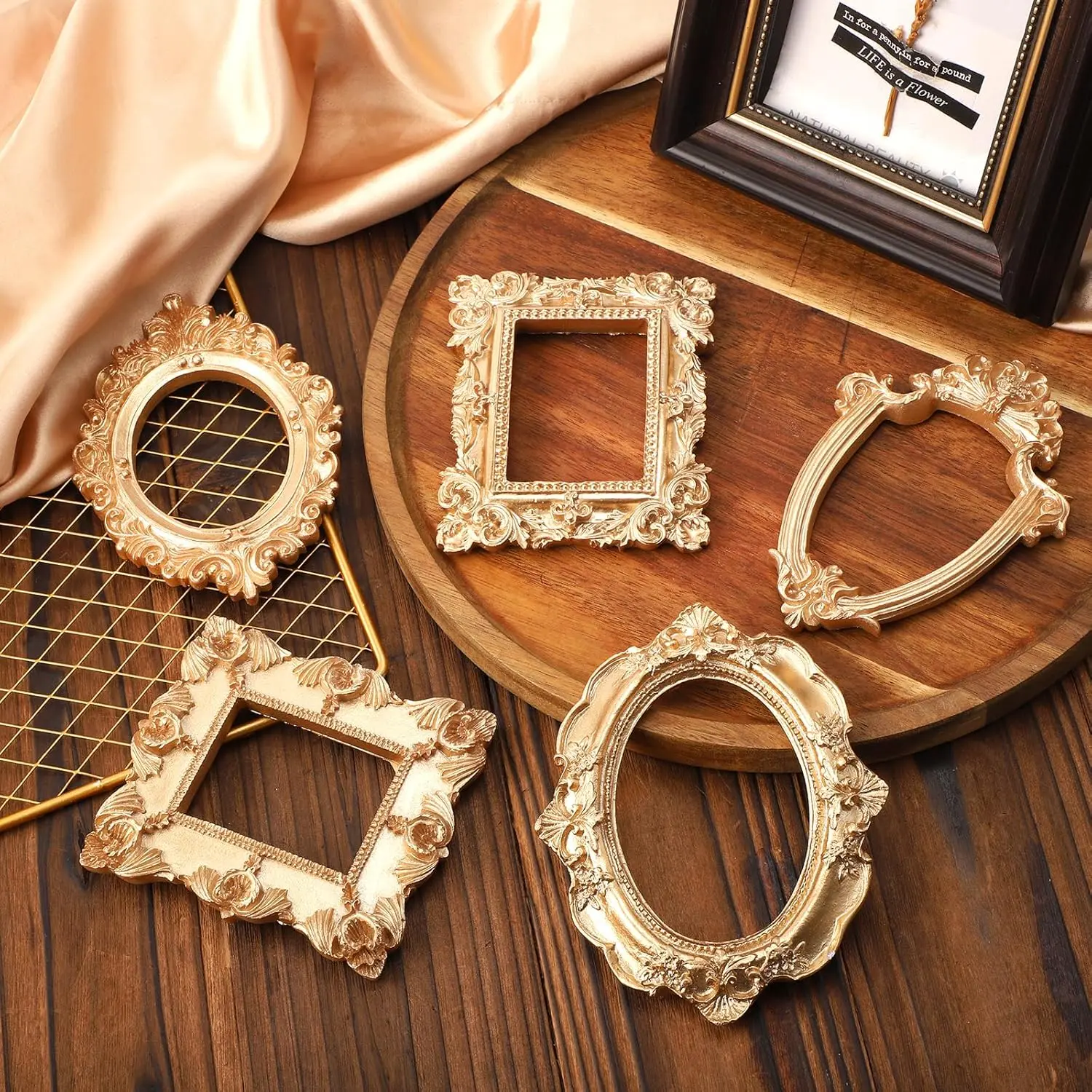 Metallic Vintage Resin Photo Frames Set (5Pcs, Multi-Size) - Silver/Gold Floral Baroque Travel-Size Mini Frames, Home Improvement Wall Trim Accessory for House Decor, Room Decor, Jewelry Display