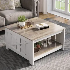 Square Coffee Table with Half Open Storage, Farmhouse Cocktail Table,Living Room, Bedroom, Study