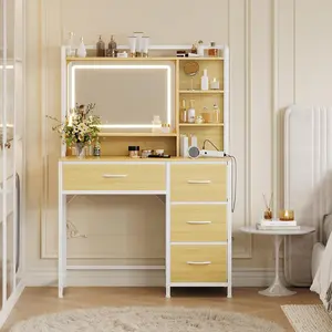 Vanity Desk with Square Mirror, 35.4” Makeup Vanity Table with Shelves, 4 Fabric Drawers Storage, Modern Dressing Table for Bedroom, Gift for Girls