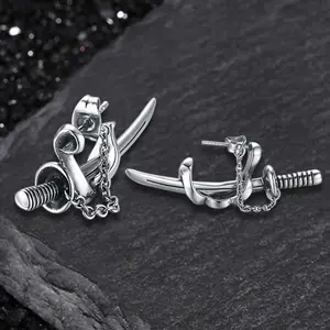 GTHIC Unisex Samurai Sword Shape Stainless Steel Stud Earrings Daily Wear Punk Jewely For Biker Rider