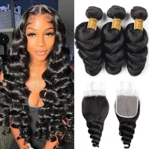 Brazilian Virgin Hair Loose Wave Bundles Human Hair Loose Wave 3 Bundle with Closure Human Hair Extensions Natural Color