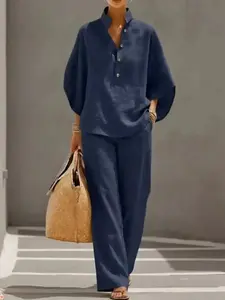 Women's Casual Shirt Set, Blouse, Perfect for Outing Adventures, Comfortable Loose Fit, Plain Design, All-Season Wear, Stylish and Practical