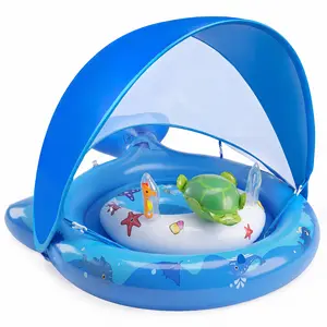 Inflatable Baby Pool Float with Sun Canopy, UPF50+Sun Protection, Portable & Easy to Store, Padded Safety Seat with, Includes Air Pump, with Toys Baby Swim Float for 6-36 Months Boys & Girls(Blue)