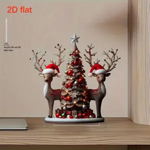 2D Acrylic Reindeer Christmas Ornament with Hat, Indoor Outdoor Decor, Perfect New Year Gift, Holiday Tree Decoration, Handmade Style