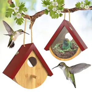 2 Pack Hummingbird House, Window View Wooden Bird Houses for Outside Hummingbird Houses for Nesting, Hanging Chickadee House for Indoor Outdoor with Hemp Ropes,summervibes